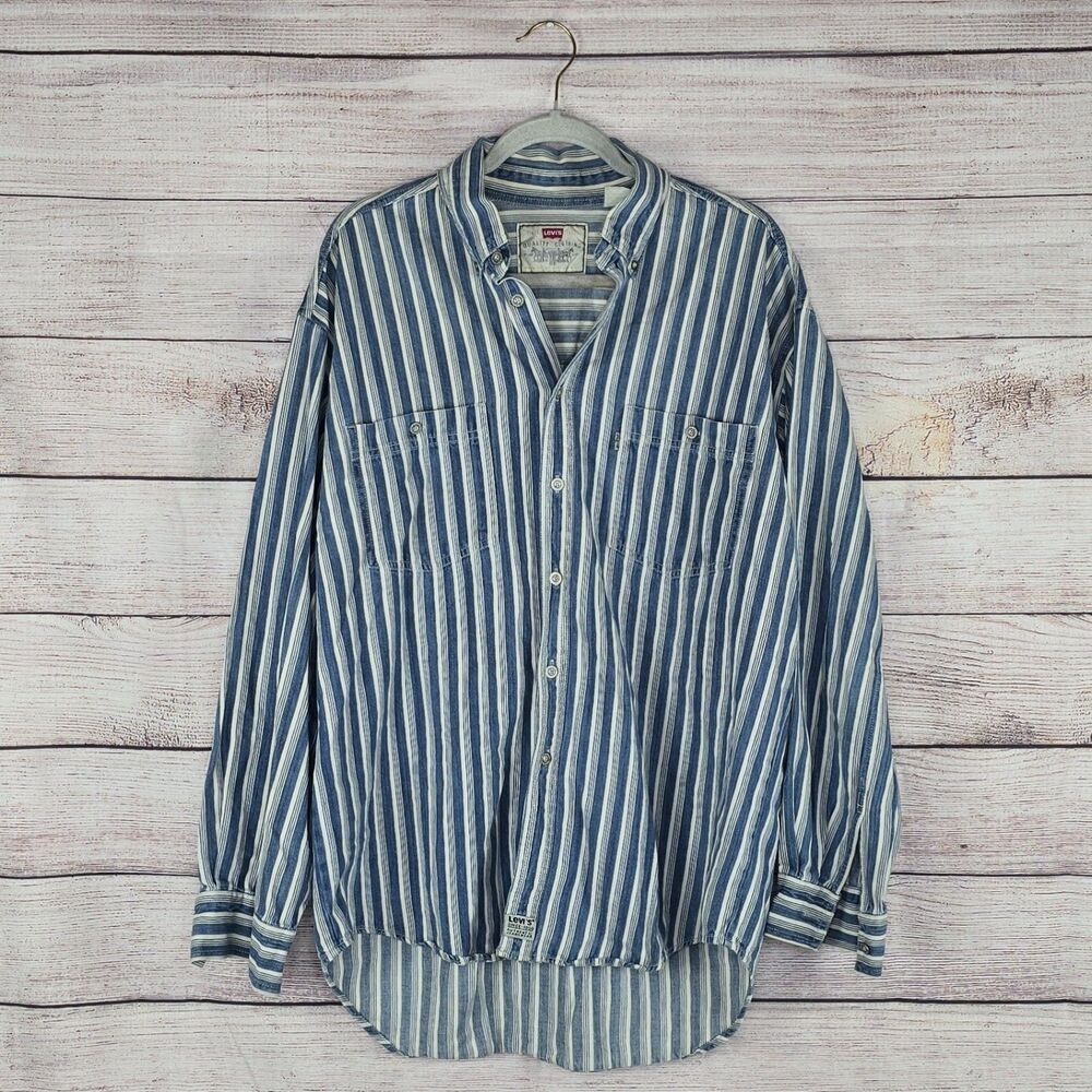 Men's Y2K Levi's Denim Striped Button Up Long Sleeve Shirt Large 90s